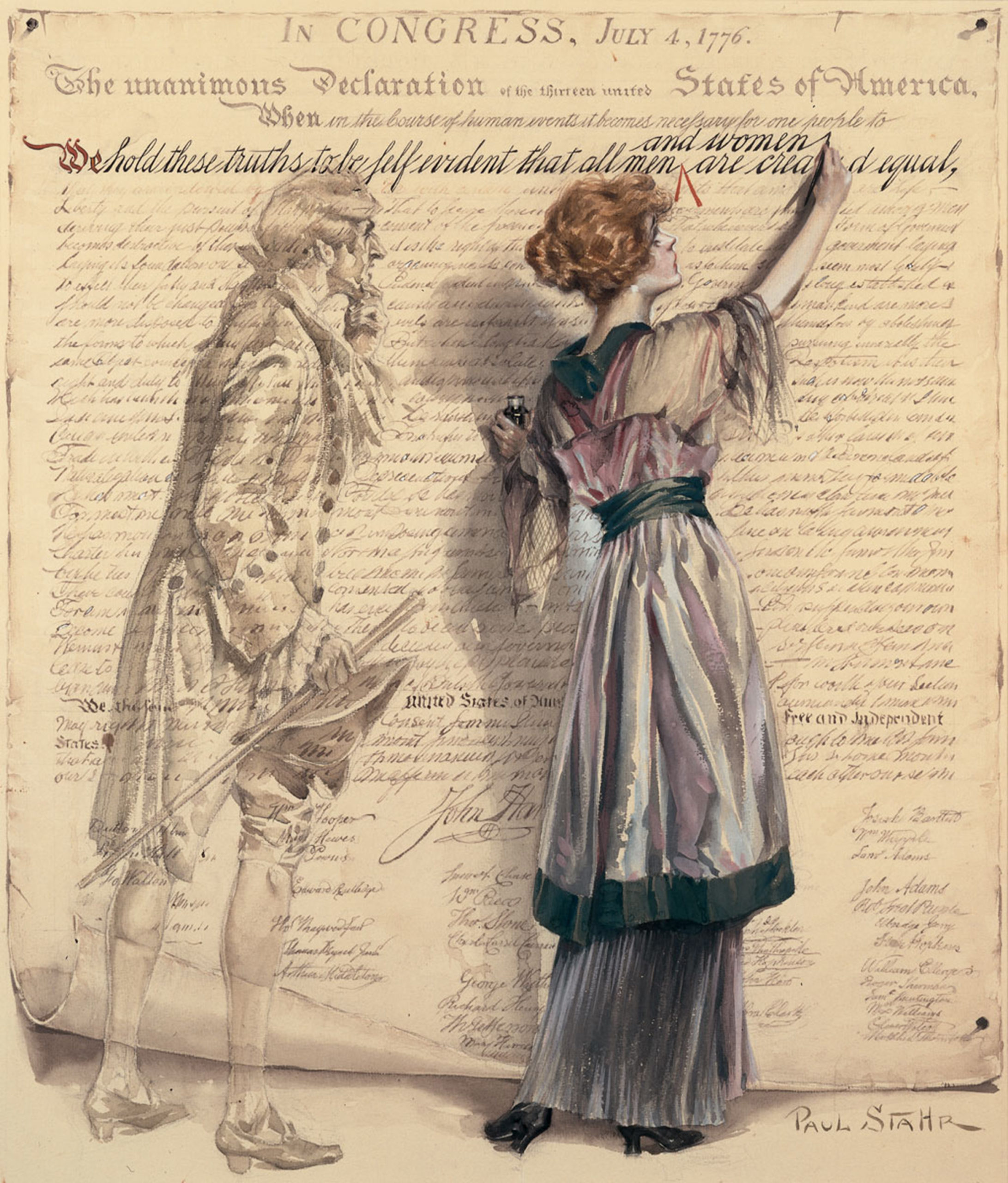 Illustration of a Woman Editing the Declaration of Independence