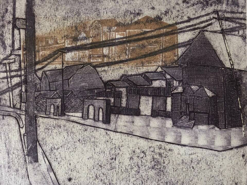 Collagraph print of a street scene with a white road and grey houses