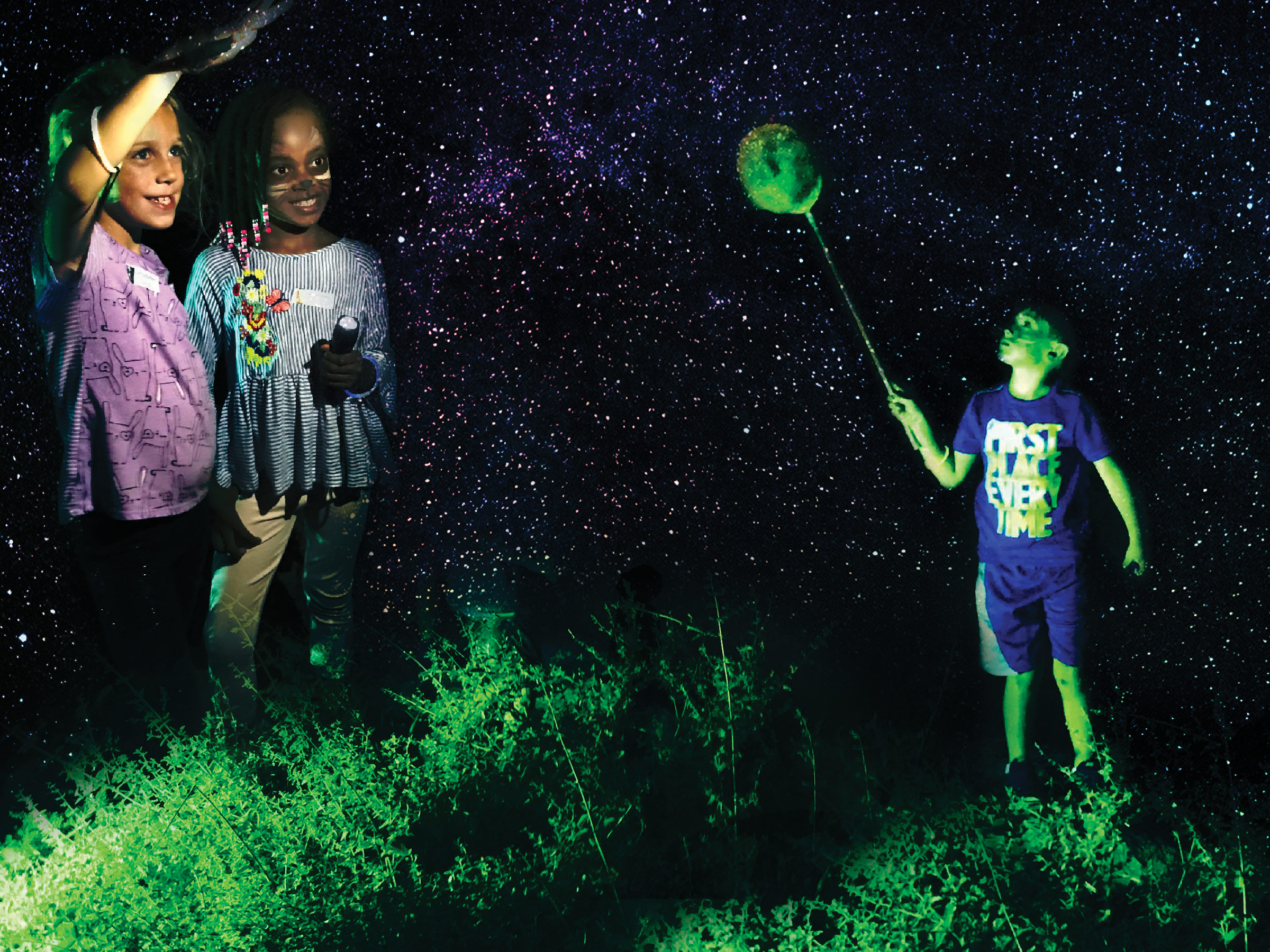 Children searching for moths with flashlight and a net on a dark night.