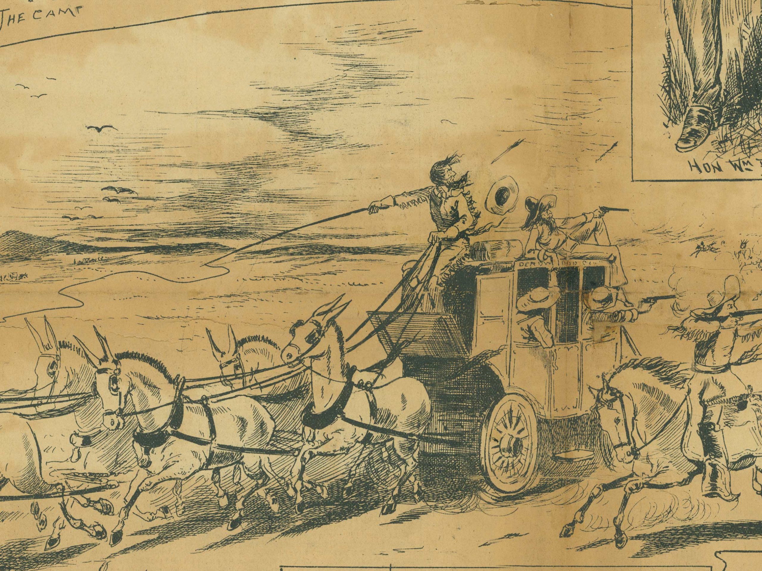A close up of a poster sketched, two men on a horse drawn carriage facing behind them with pistols. Another man with a pistol rides along side on a horse.