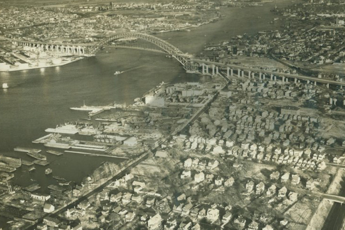 Aerial view of the Bayonne Bridge and Staten Island