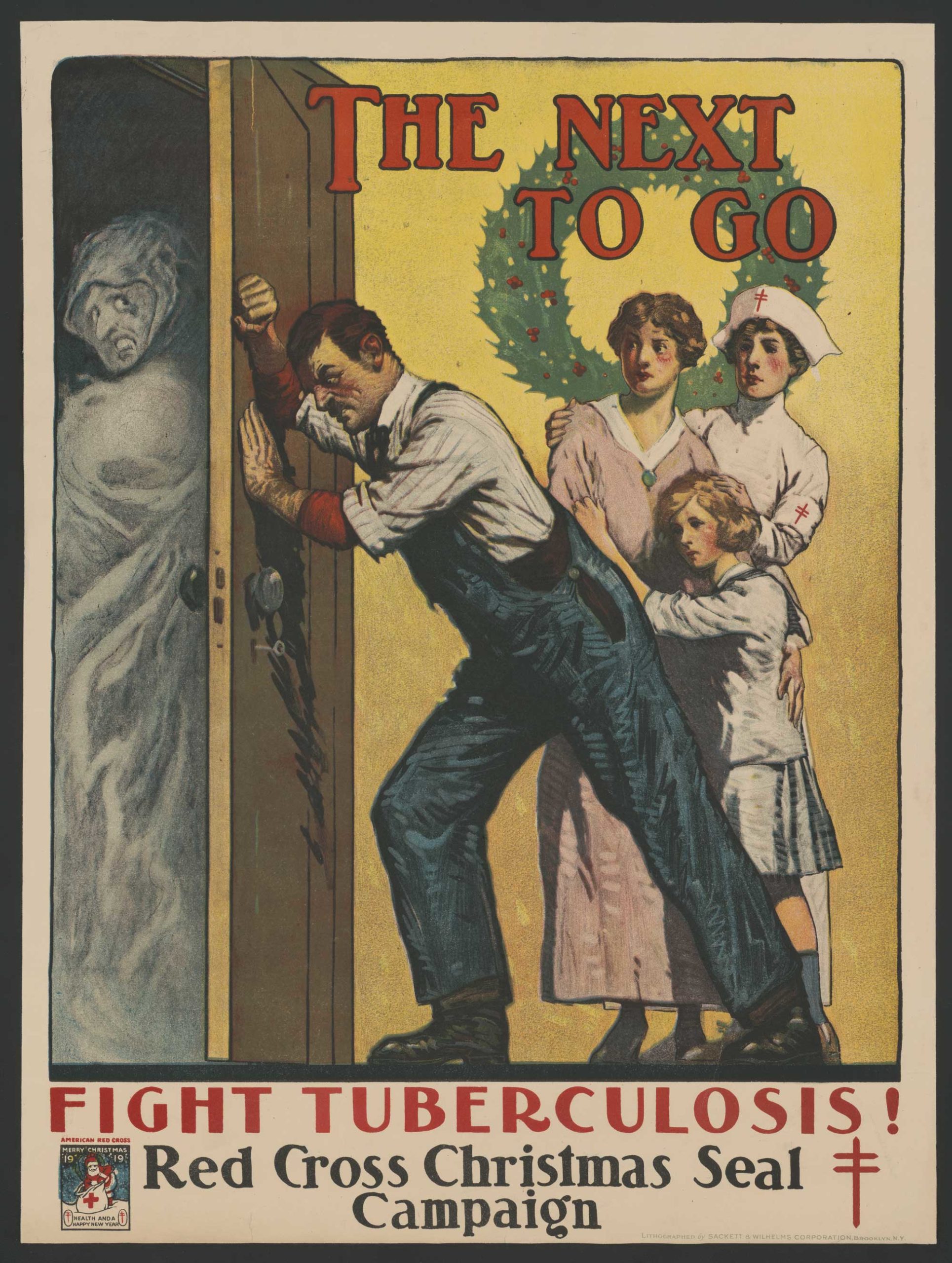 Poster showing a man closing the door against a figure representing tuberculosis