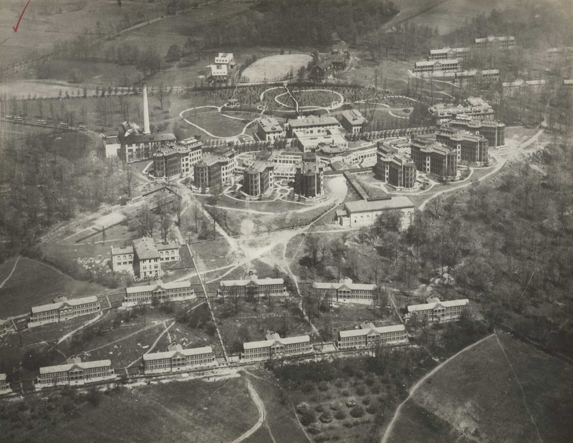 High general view of hospital buildings and grounds
