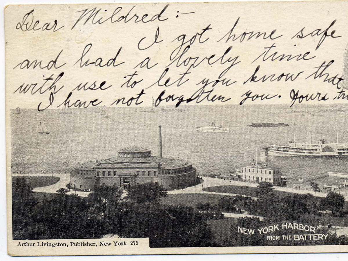 Black and white postcard of New York Harbor