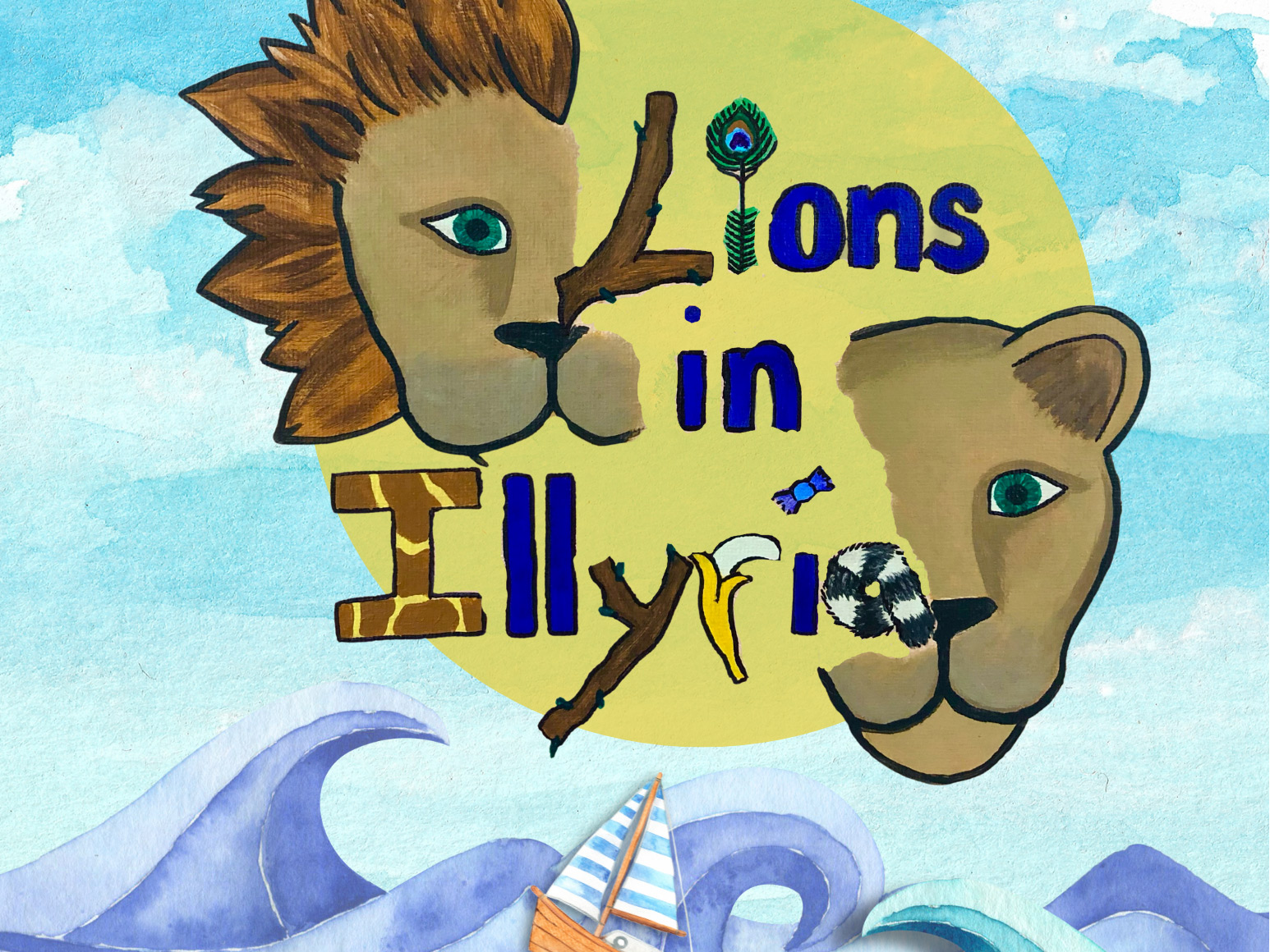 Lions in Illyria poster with drawing of a male and female lion heads over a yellow sun above an ocean