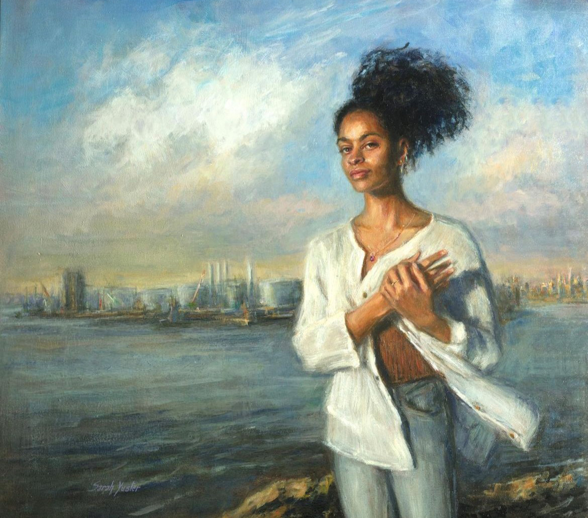 Painting of a young woman standing with her hands on her heart on the shore lines with a city scape in the background
