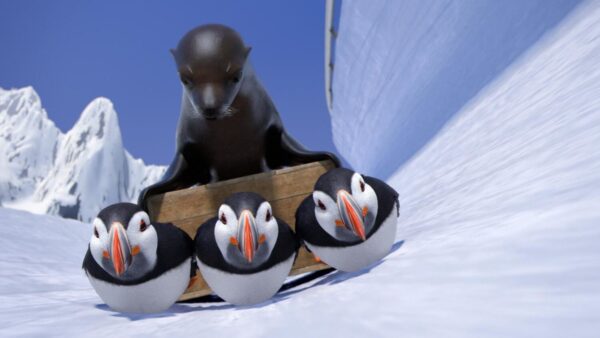 A cartoon seal riding a sled pulled by three puffins