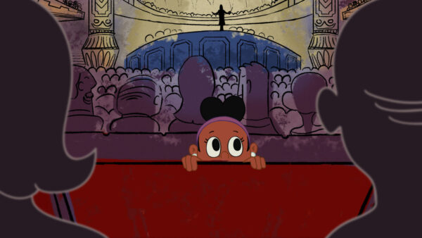 Cartoon image of a child peeking over a symphony hall seat