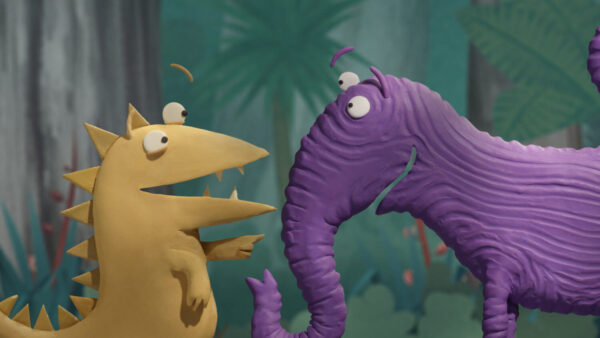 Cartoon of imaginary creatures having a conversation in a jungle