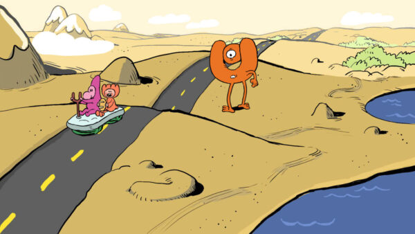 Cartoon of imaginary creatures on a desert road