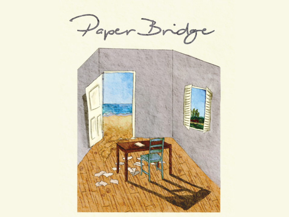 Book cover of Paper Bridge. A painting of a desk and chair in a room with open door and window looking out to the sea