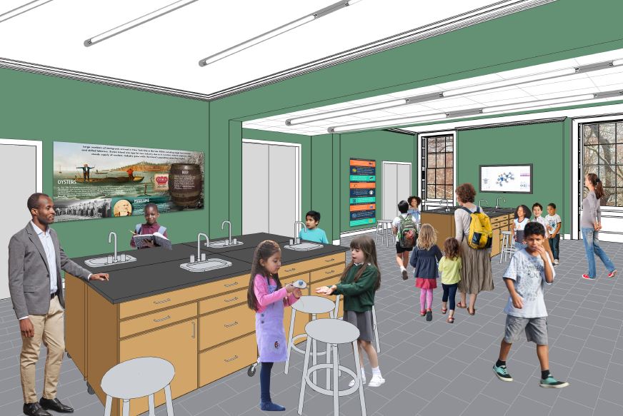 Rendering of a science classroom or lab with counters and white stools. Students stand around working on projects