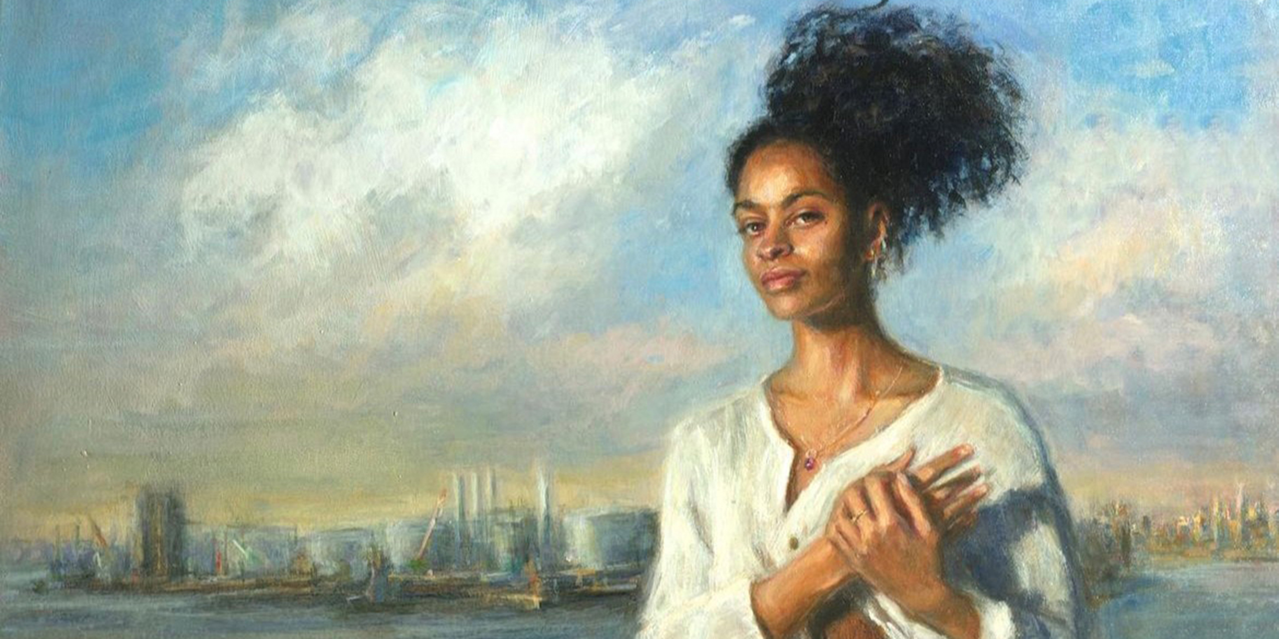 Painting of a young woman standing with her hands on her heart on the shore lines with a city scape in the background