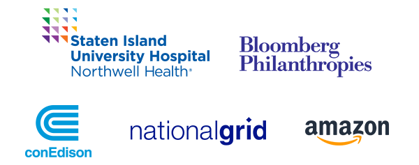 Staten Island University Hospital Northwell Health Logo, Bloomberg Philanthropies Logo, Con Edison Logo, National Grid Logo, Amazon Logo