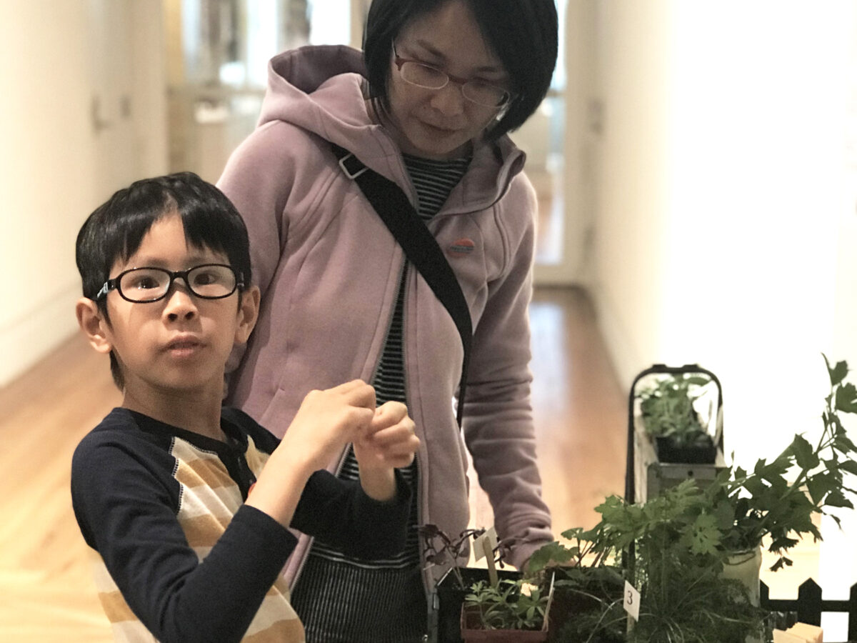 A child and parent examine a plant on a table at the Museum.